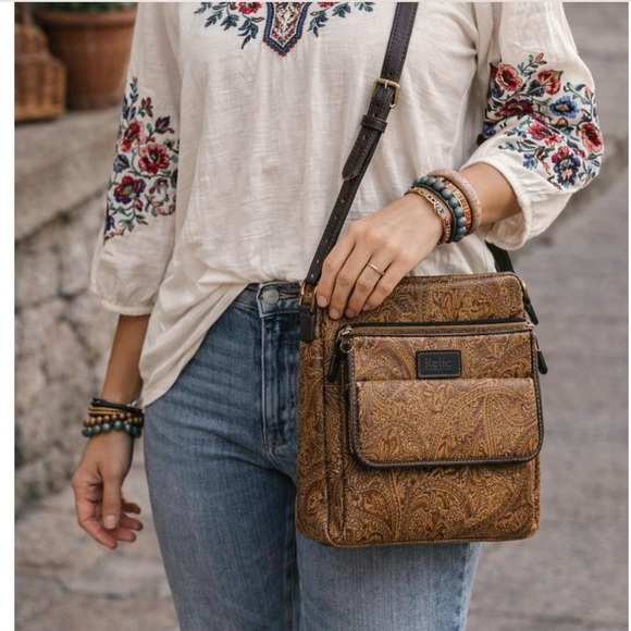 Relic Handbags - Relic by Fossil embossed paisley earthy rustic crossbody bohemian hobo bag.